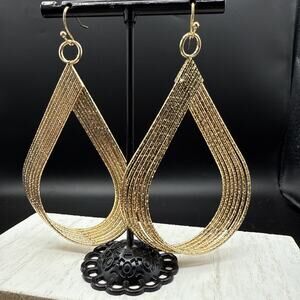 Thalia Sodi Earrings 3" Large Textured Gold Tone Teardrop‎ Hanging Hoop Dangles